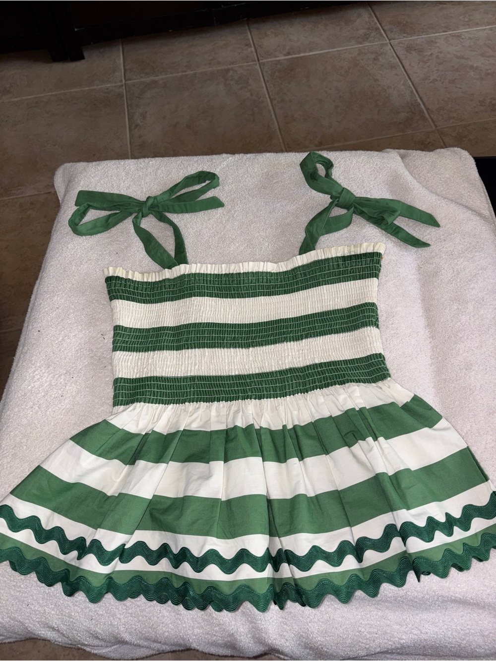 Kate Spade Beach Time Stripe Smocked Top Green Bean Strap Ties Ric Rac Hem